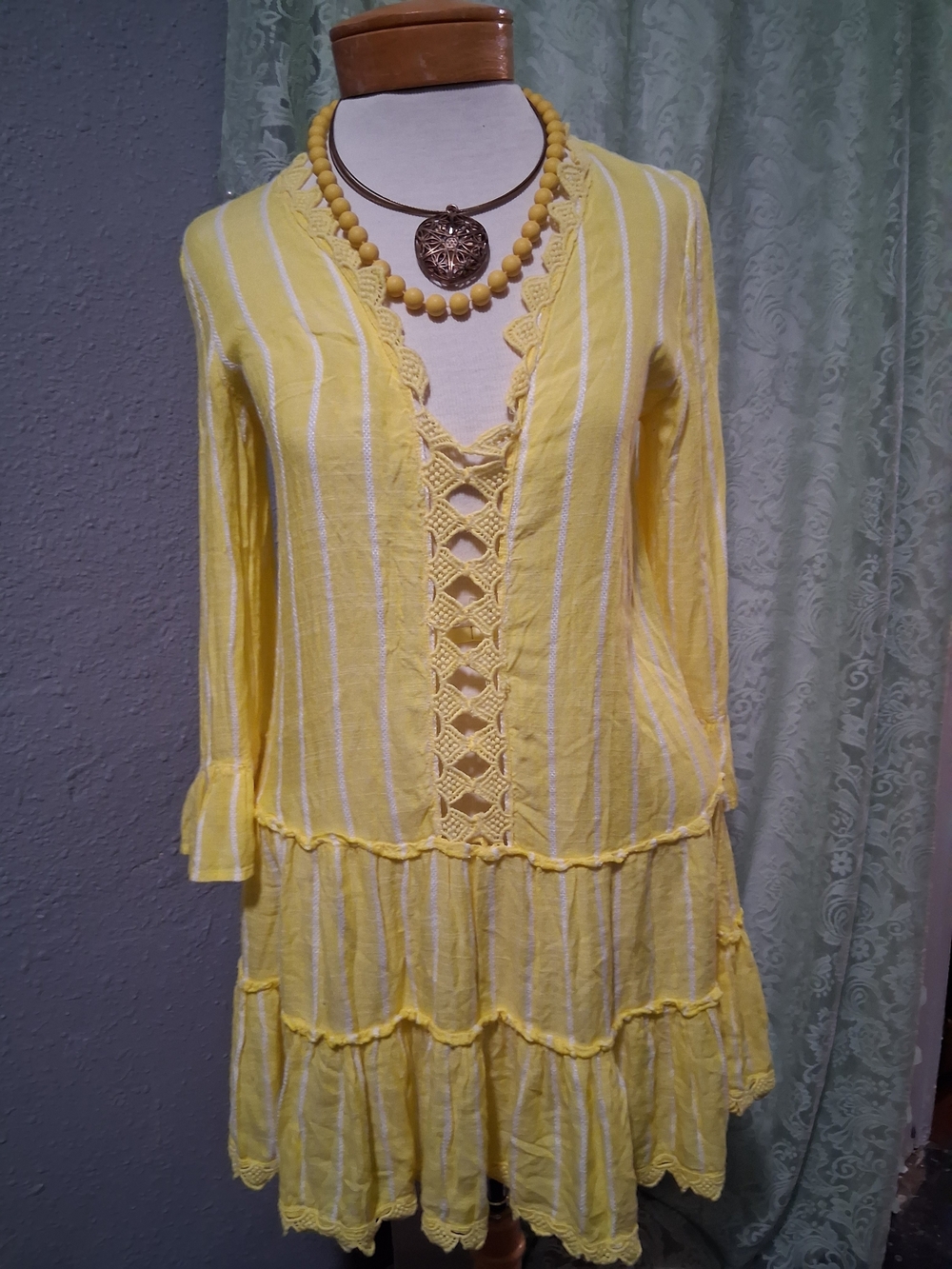 blue island Yellow Striped Crochet-Front Tunic